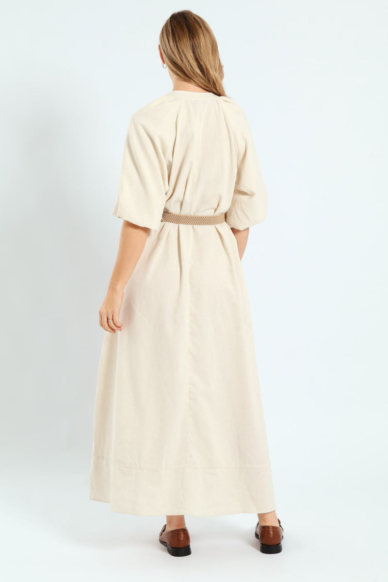 Bubble Sleeve Half Placket Raffia Belt Midaxi Dress - Oatmeal Melange
