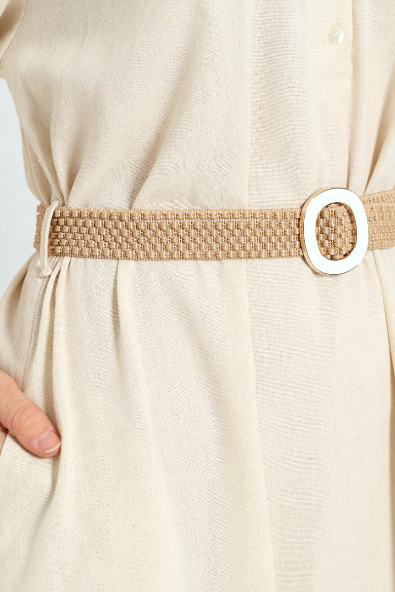 Bubble Sleeve Half Placket Raffia Belt Midaxi Dress - Oatmeal Melange