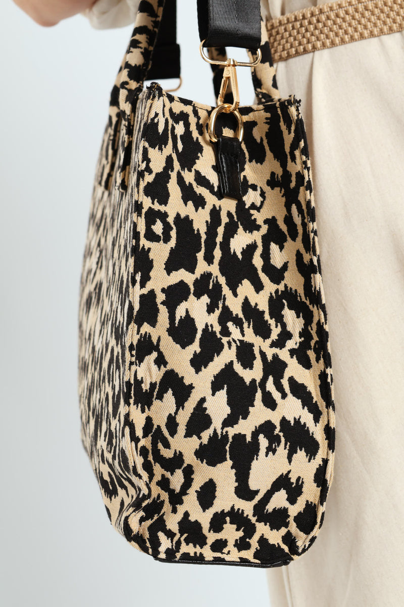Leopard Canvas Large Tote - Black