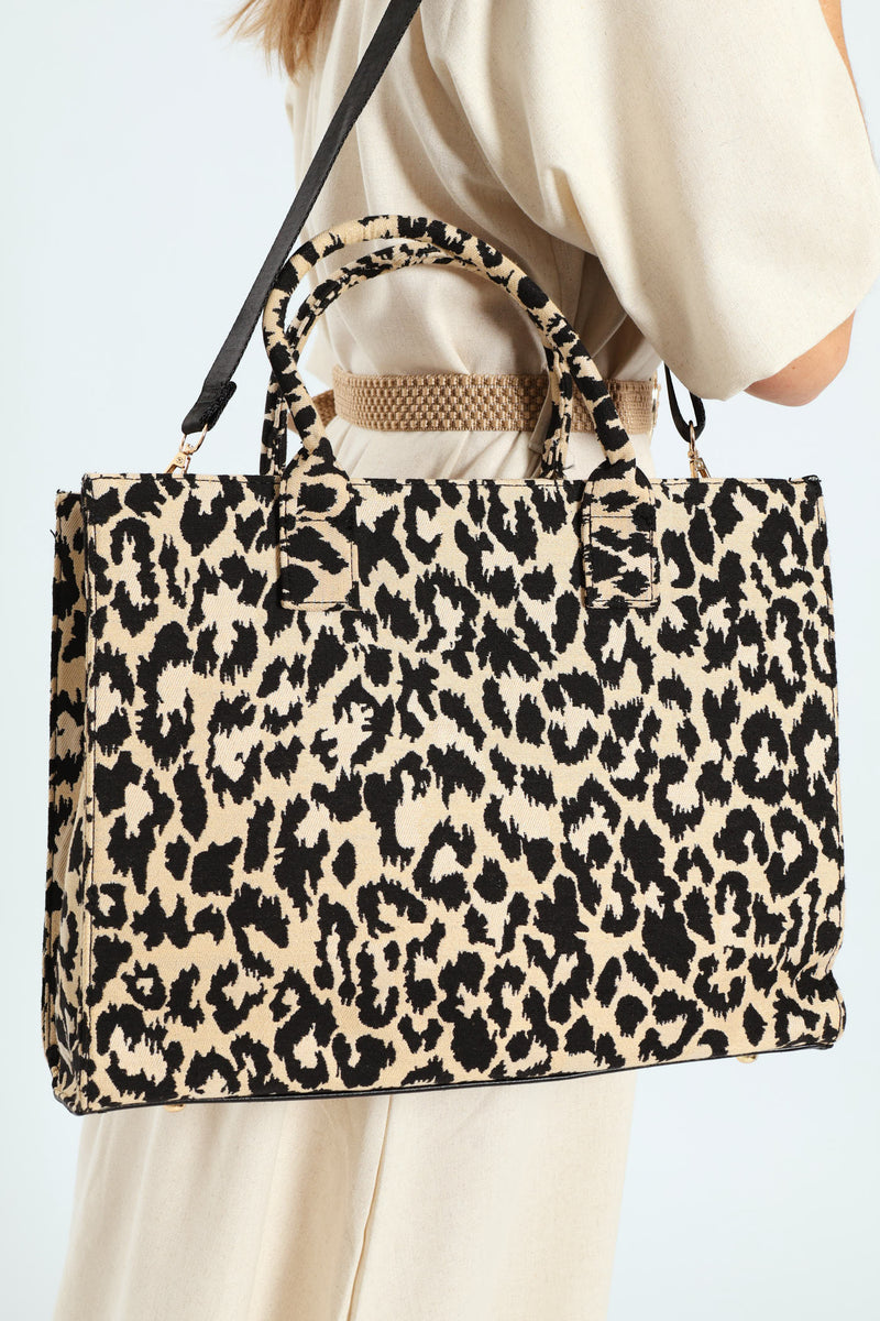 Leopard Canvas Large Tote - Black