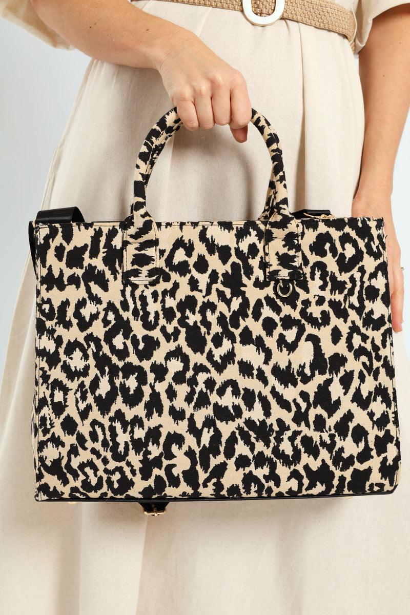 Leopard Canvas Large Tote - Black