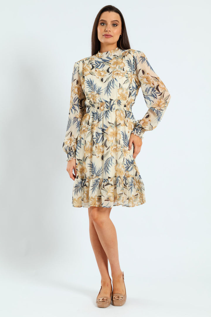 High Neck Shirred Waisted Tea Dress