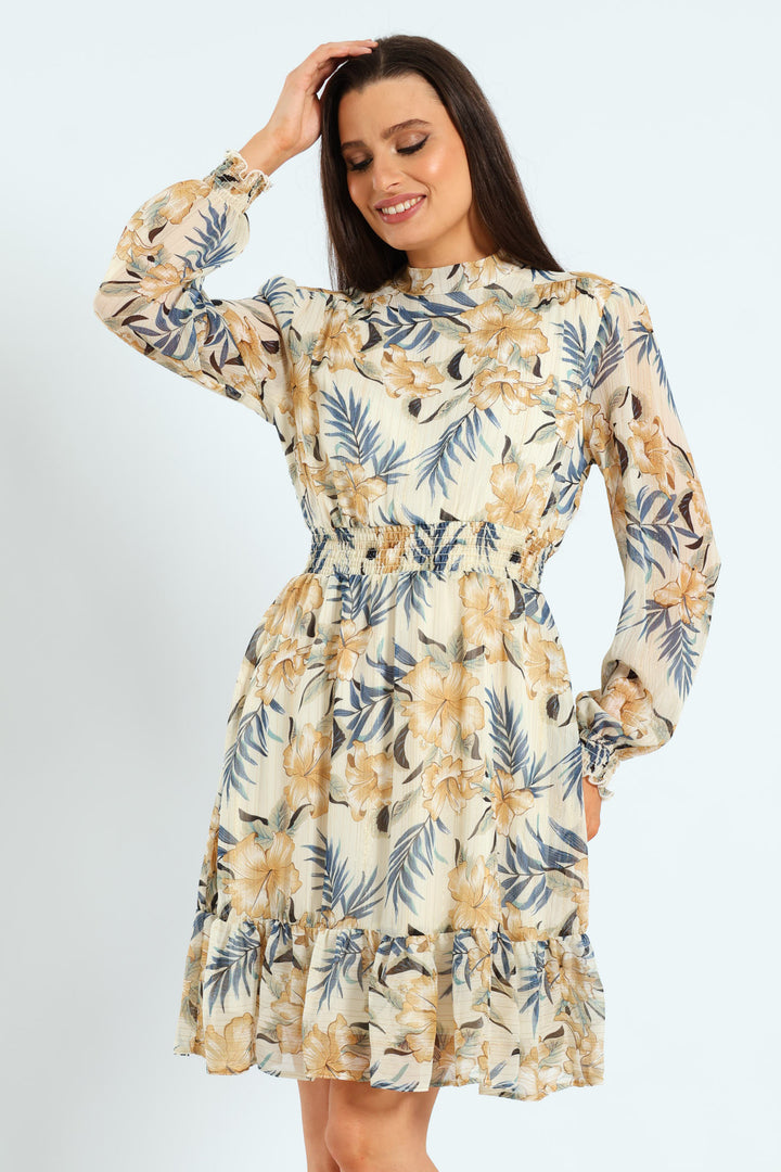 High Neck Shirred Waisted Tea Dress
