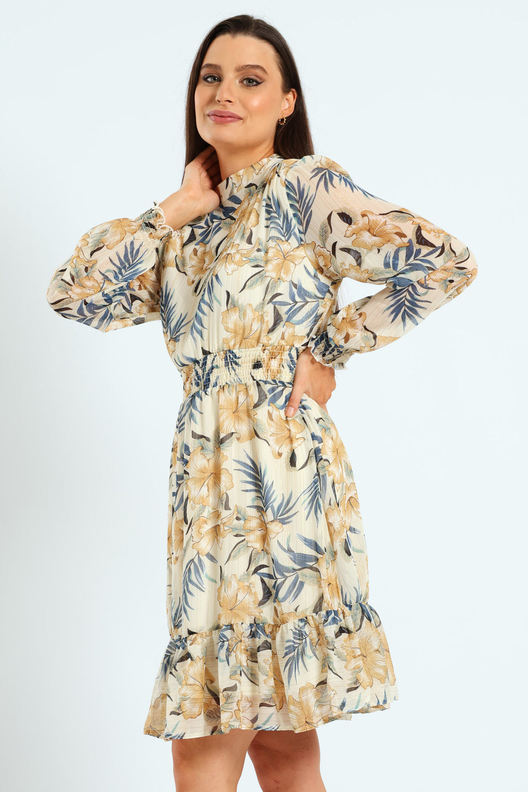 High Neck Shirred Waisted Tea Dress