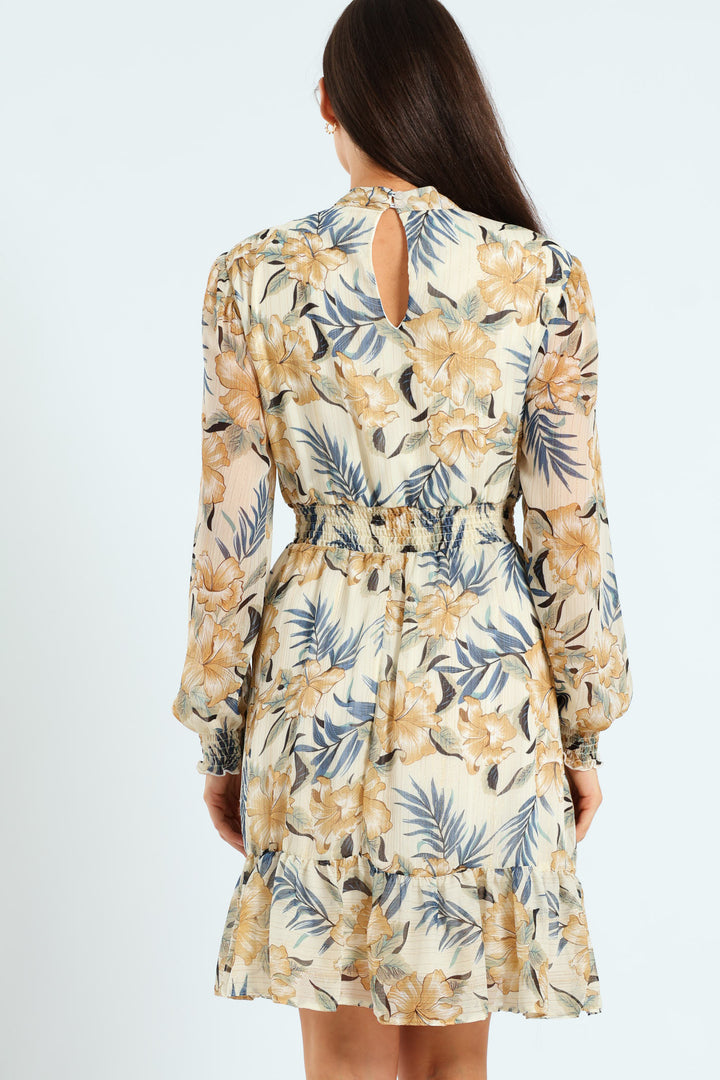 High Neck Shirred Waisted Tea Dress