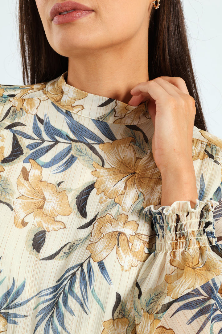 High Neck Shirred Waisted Tea Dress