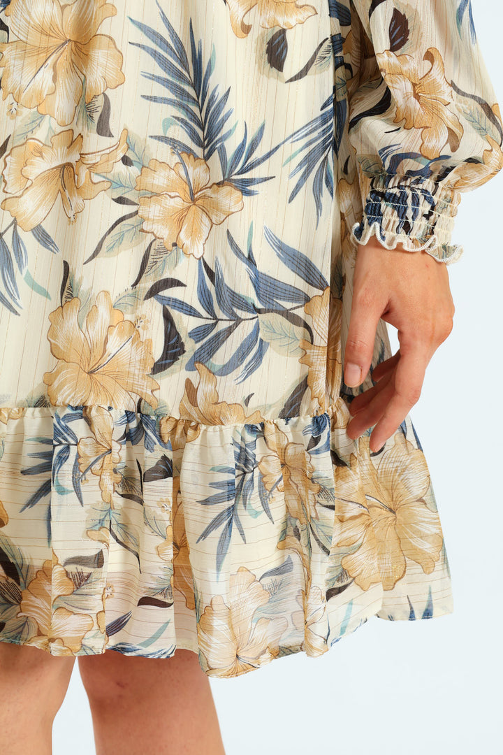 High Neck Shirred Waisted Tea Dress