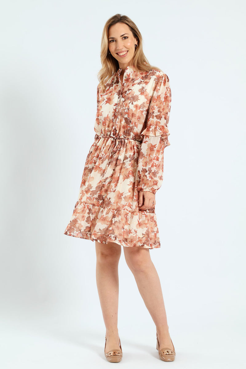 Mandarin Collar Tiered Frill Tea Dress - Cream