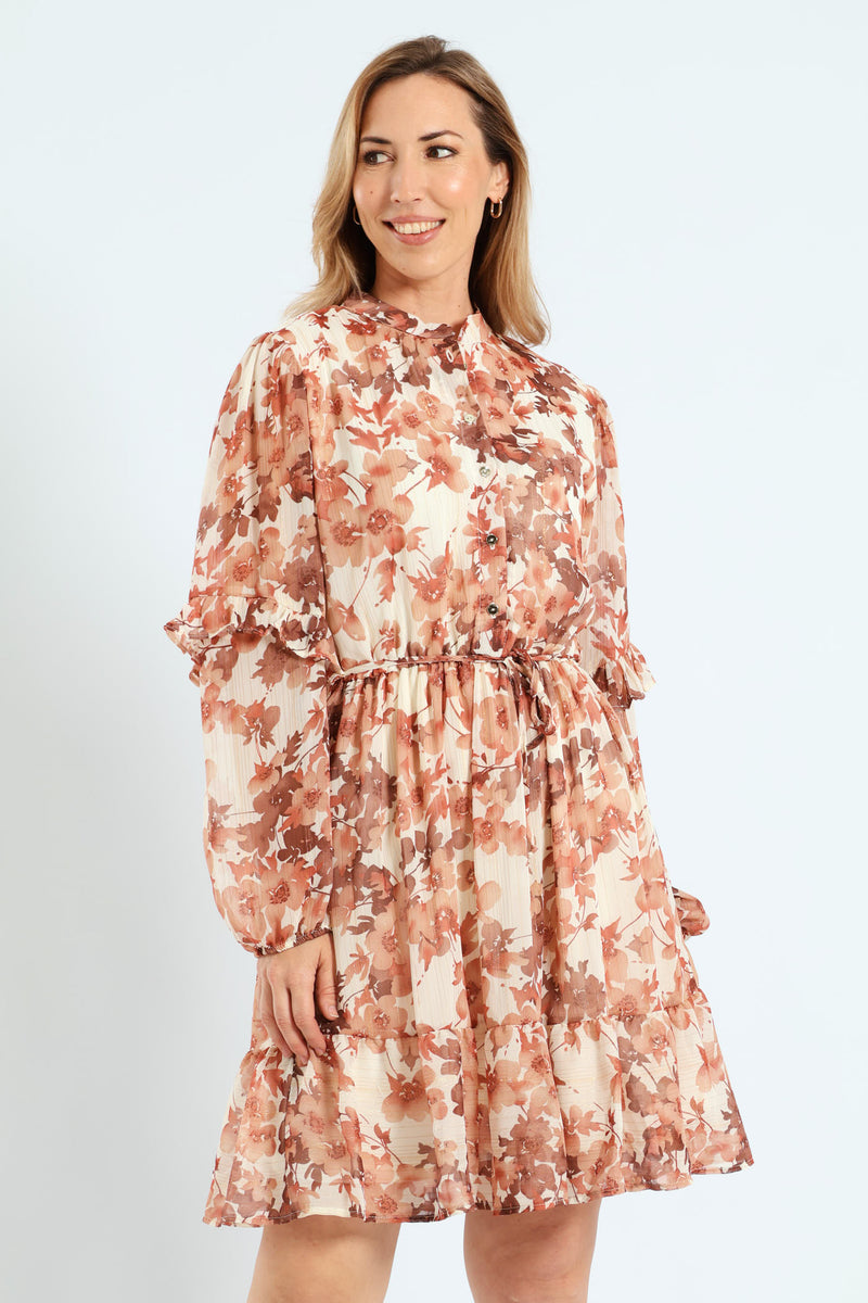 Mandarin Collar Tiered Frill Tea Dress - Cream