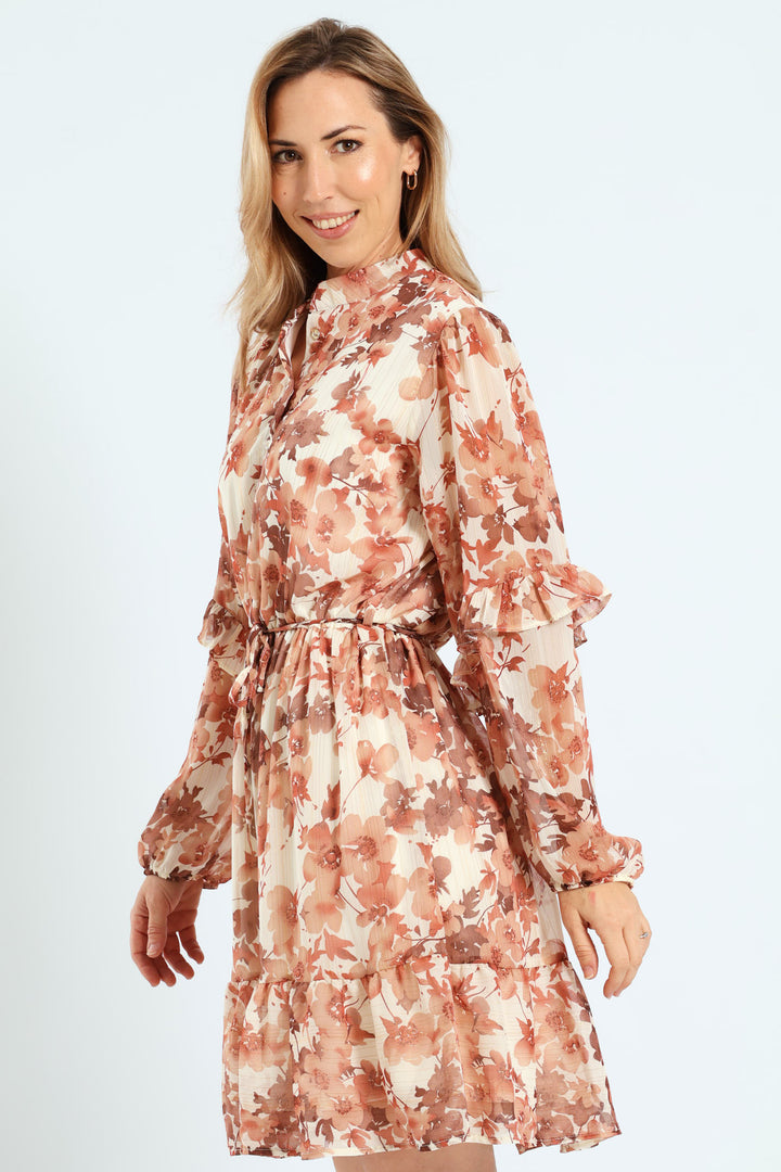 Mandarin Collar Tiered Frill Tea Dress - Cream