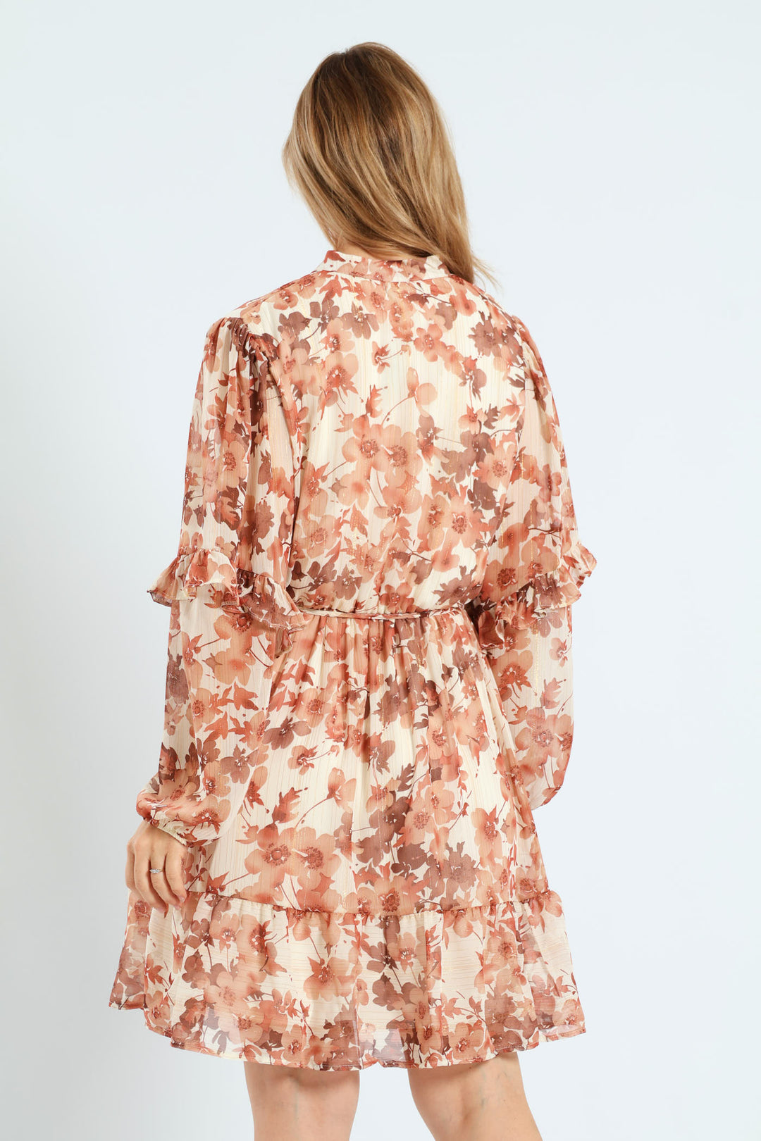 Mandarin Collar Tiered Frill Tea Dress - Cream