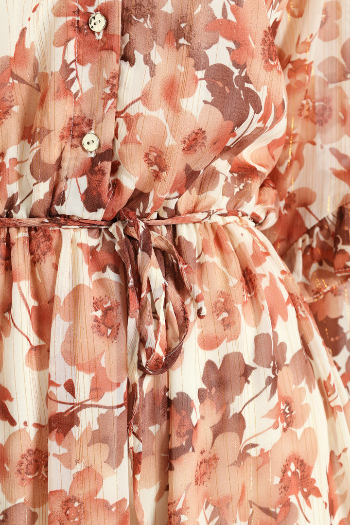 Mandarin Collar Tiered Frill Tea Dress - Cream