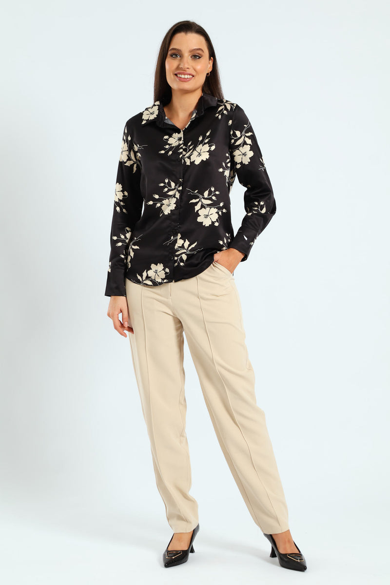 Floral Monochrome Satin Shirt - Black/Cream