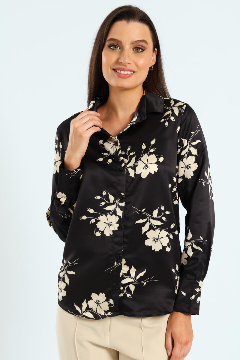 Floral Monochrome Satin Shirt - Black/Cream