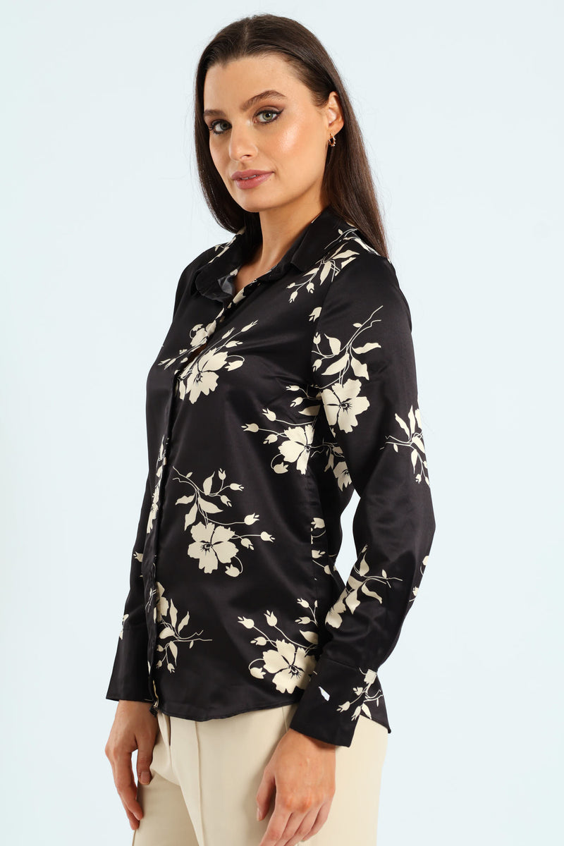 Floral Monochrome Satin Shirt - Black/Cream
