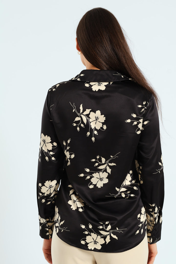 Floral Monochrome Satin Shirt - Black/Cream