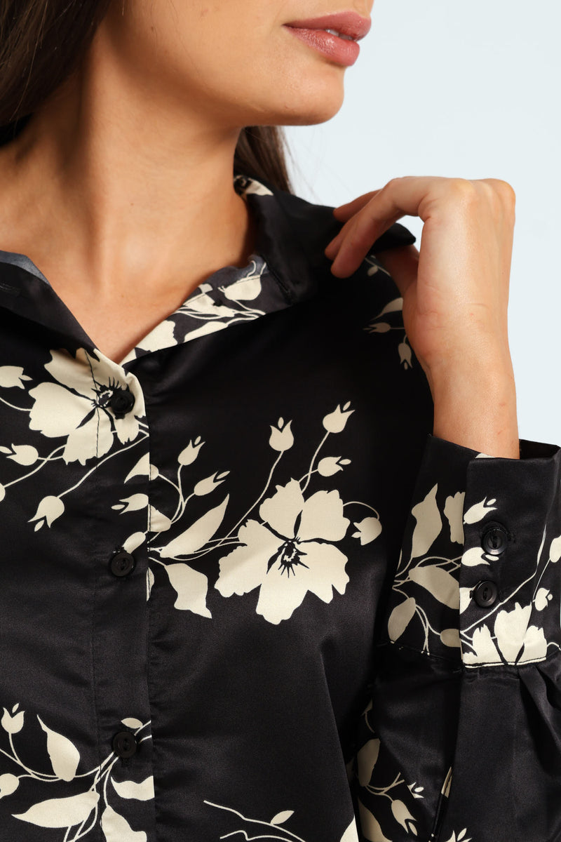 Floral Monochrome Satin Shirt - Black/Cream