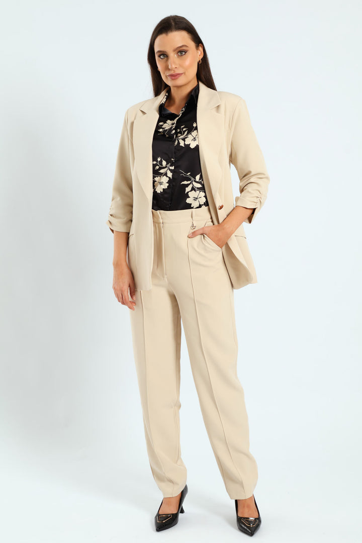 Gauged Sleeve Notch Collar Blazer - Bone