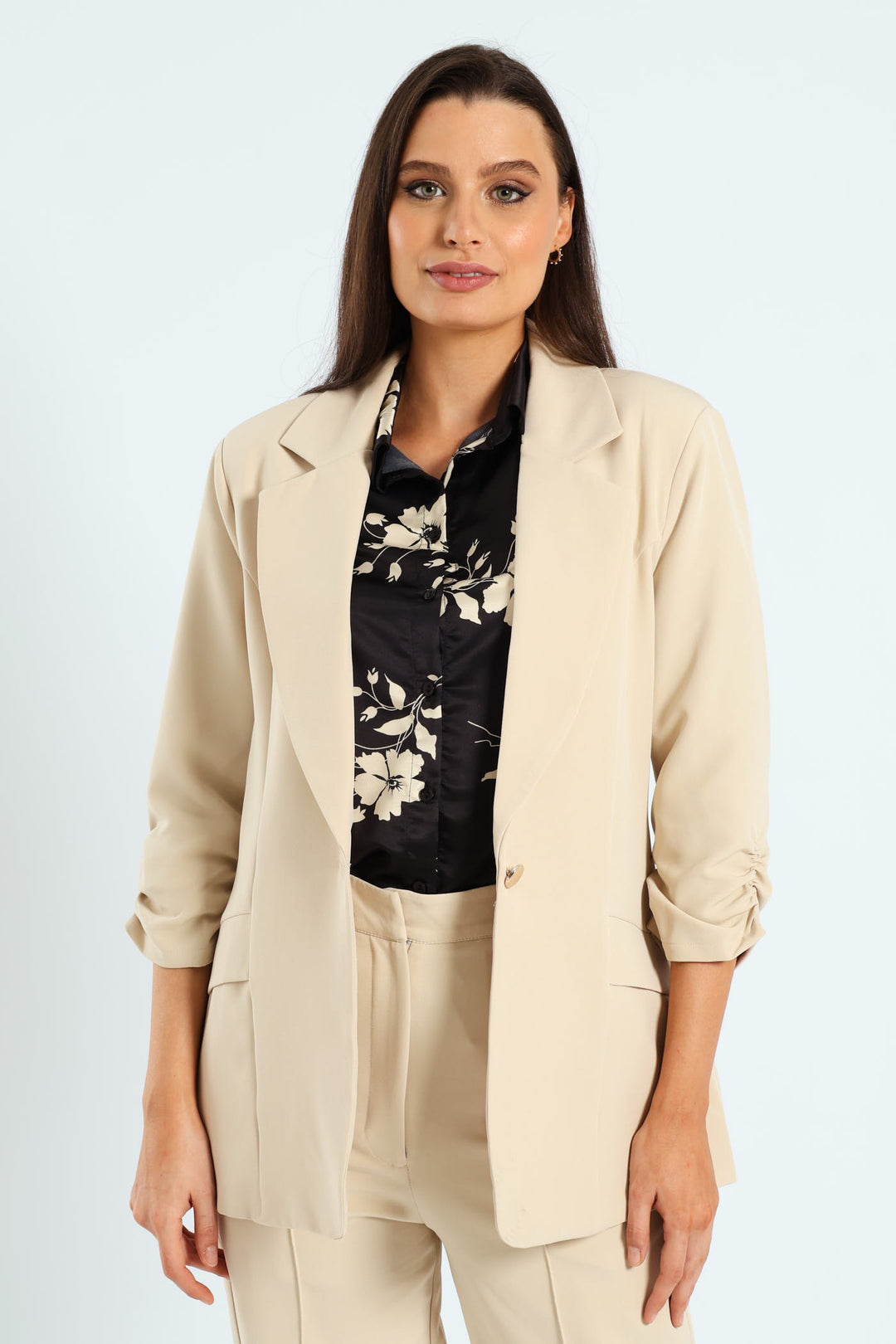 Gauged Sleeve Notch Collar Blazer - Bone