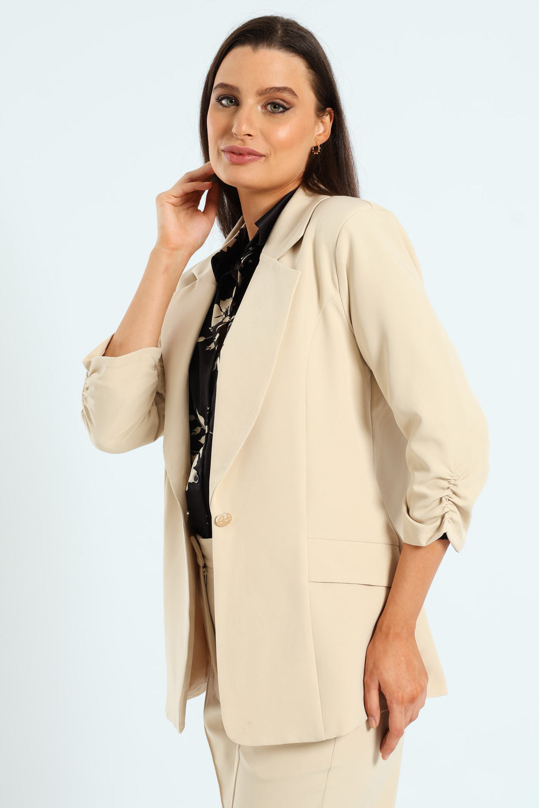 Gauged Sleeve Notch Collar Blazer - Bone