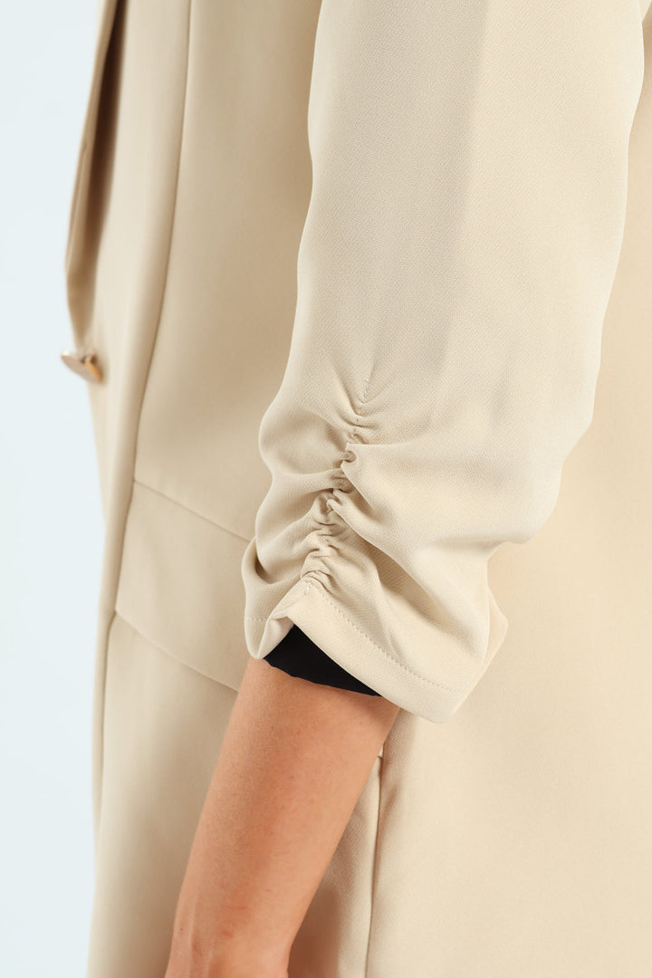 Gauged Sleeve Notch Collar Blazer - Bone