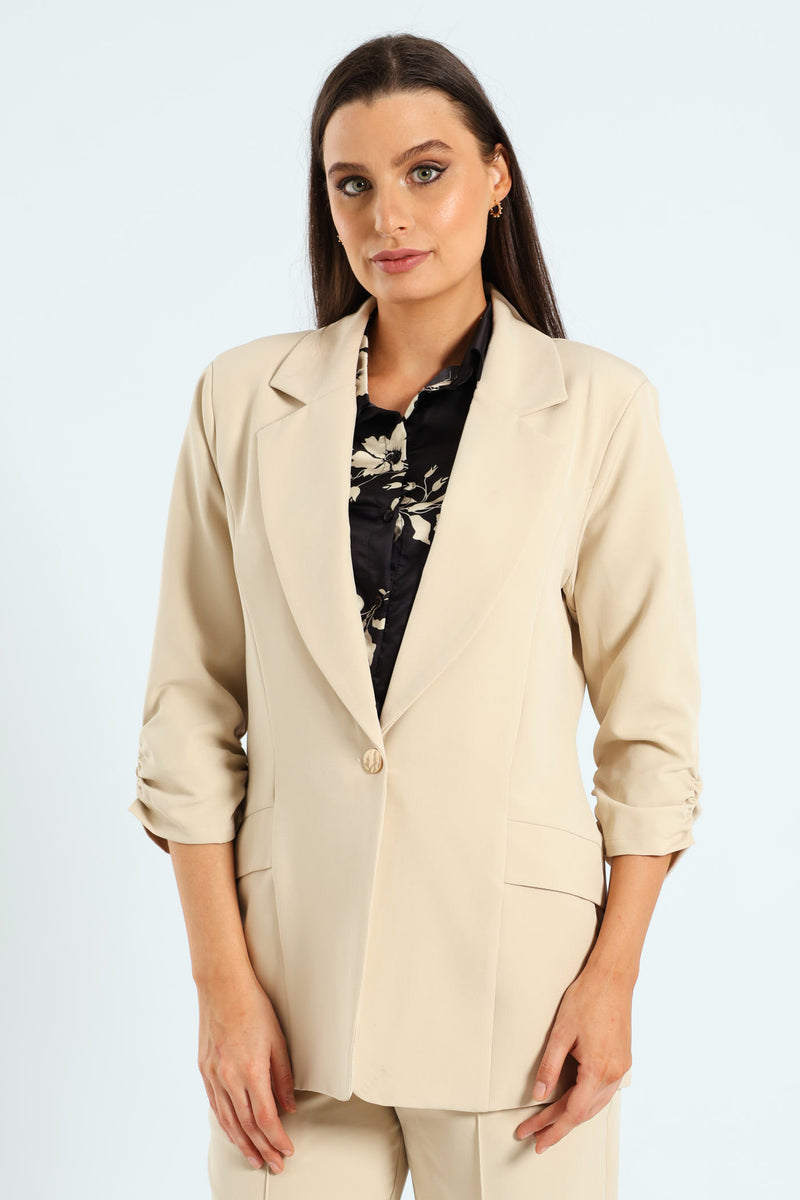 Gauged Sleeve Notch Collar Blazer - Bone