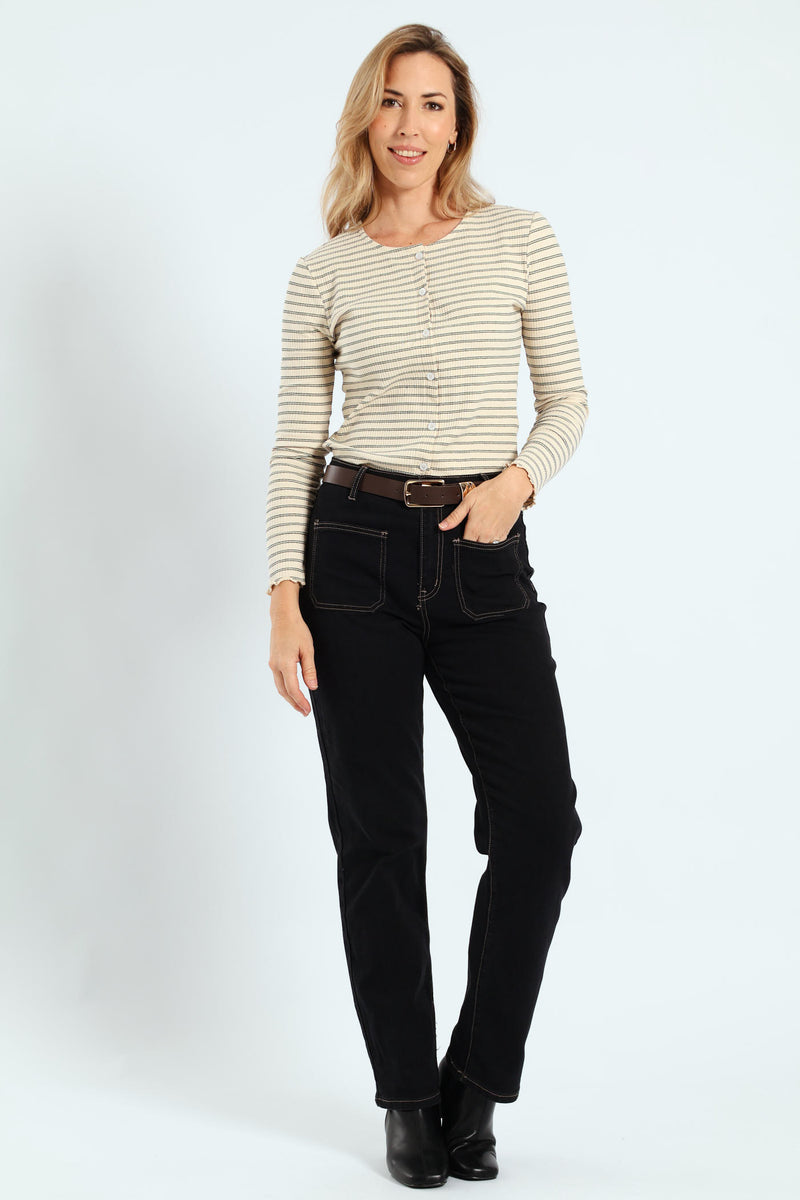Long Sleeve Stripe Button Through Rib Tee - Cream/Black