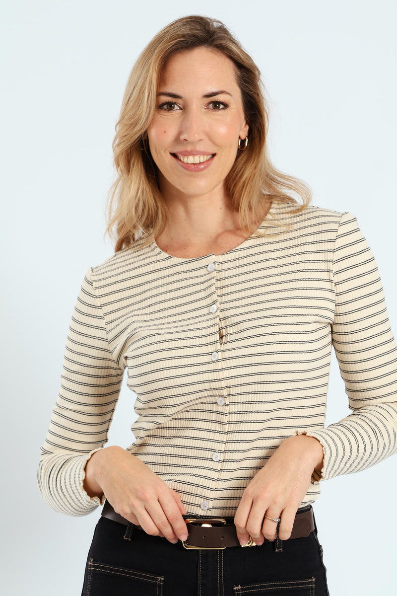 Long Sleeve Stripe Button Through Rib Tee - Cream/Black