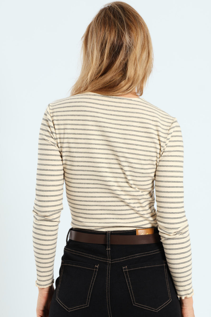 Long Sleeve Stripe Button Through Rib Tee - Cream/Black