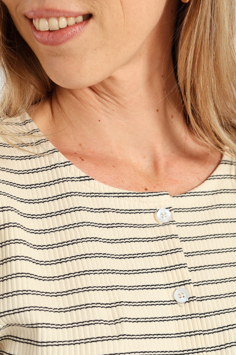 Long Sleeve Stripe Button Through Rib Tee - Cream/Black