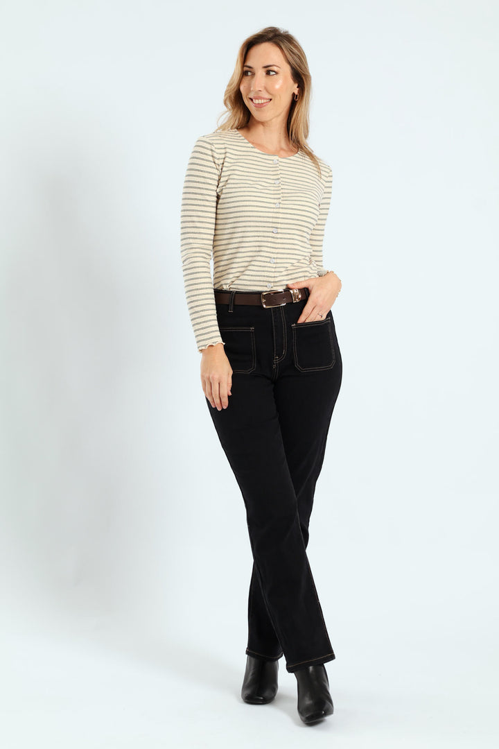 Contrast Stitch Patch Pocket Belted Straight Leg Jean - Black