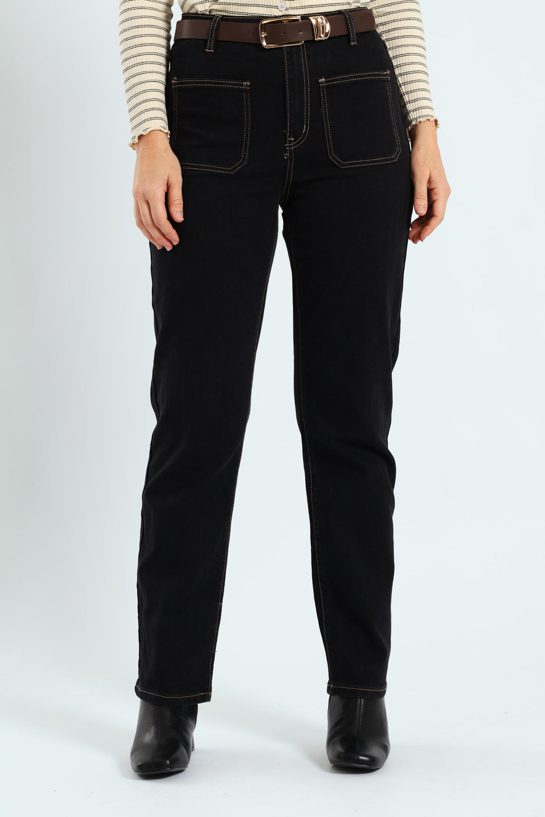 Contrast Stitch Patch Pocket Belted Straight Leg Jean - Black