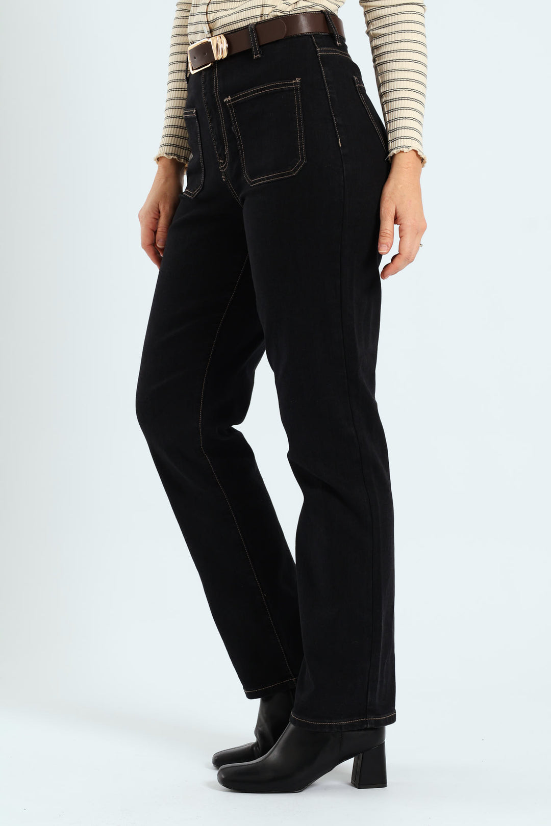 Contrast Stitch Patch Pocket Belted Straight Leg Jean - Black