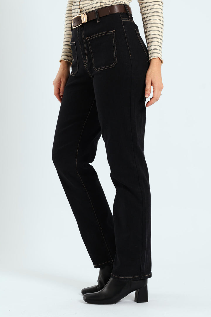 Contrast Stitch Patch Pocket Belted Straight Leg Jean - Black
