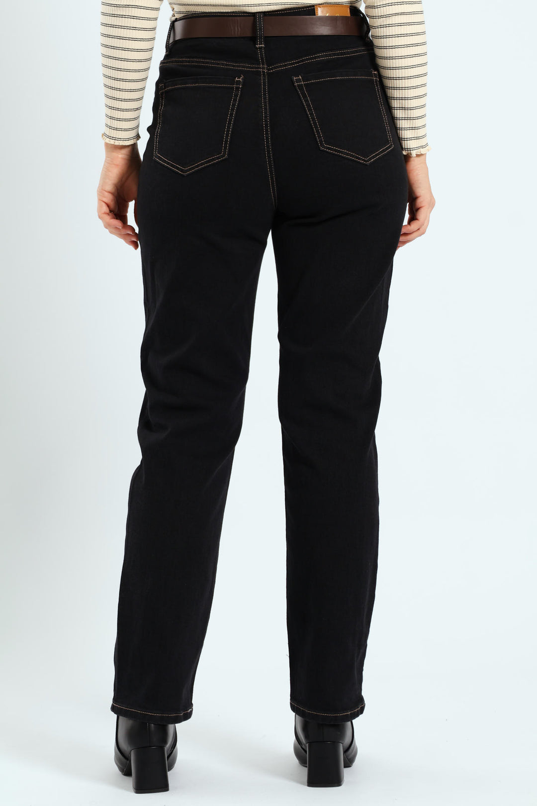 Contrast Stitch Patch Pocket Belted Straight Leg Jean - Black
