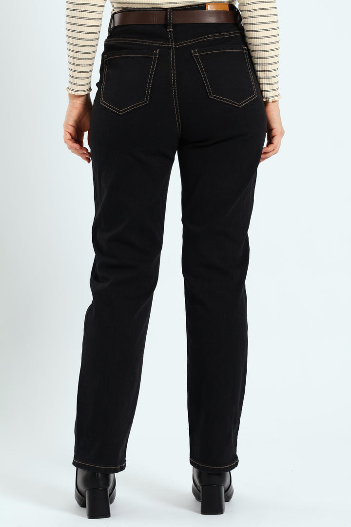 Contrast Stitch Patch Pocket Belted Straight Leg Jean - Black