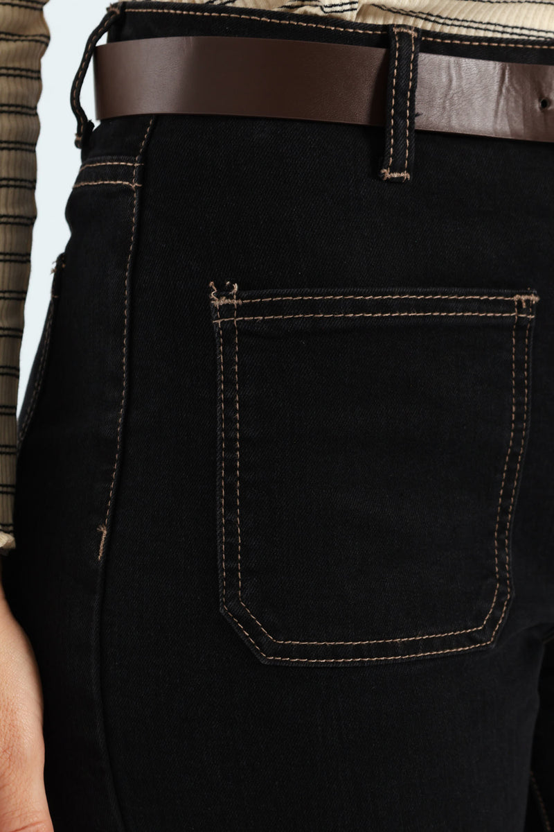 Contrast Stitch Patch Pocket Belted Straight Leg Jean - Black