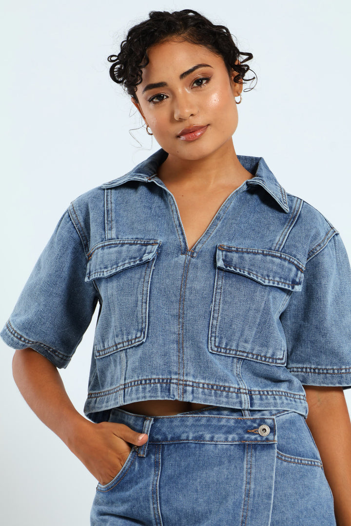 Boxy Denim Shirt - Mid Blue