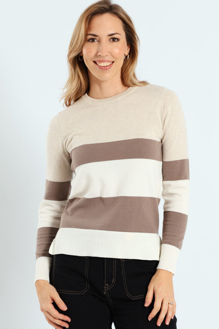 Bold Stripe Colourblock Pullover - Oatmeal/Taupe/Cream