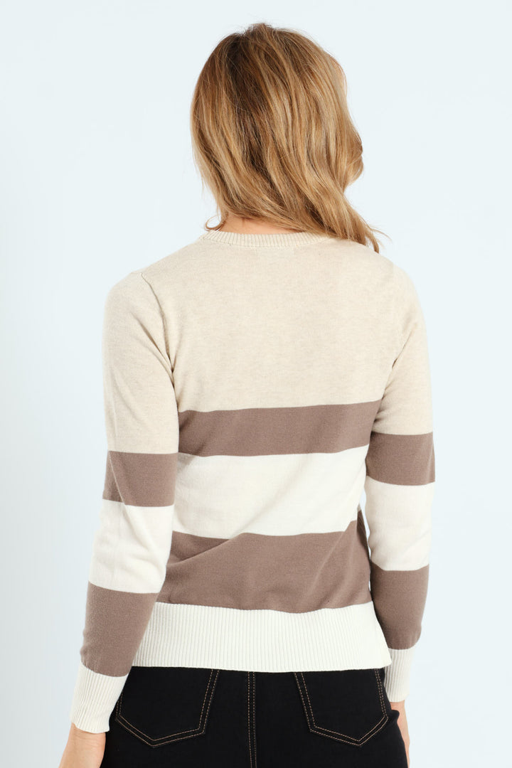 Bold Stripe Colourblock Pullover - Oatmeal/Taupe/Cream
