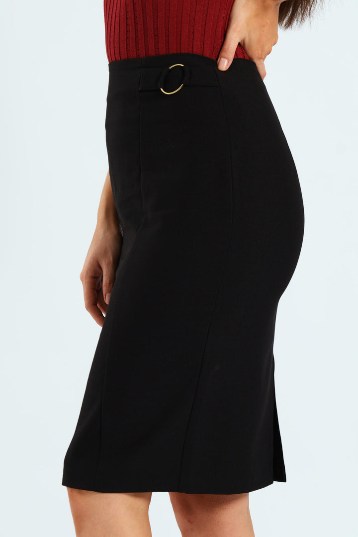 Double Button Work Pencil Skirt - Black