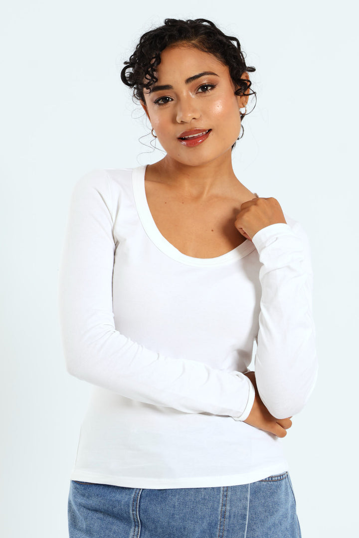 Long Sleeve Basic Scoop Neck Top - White