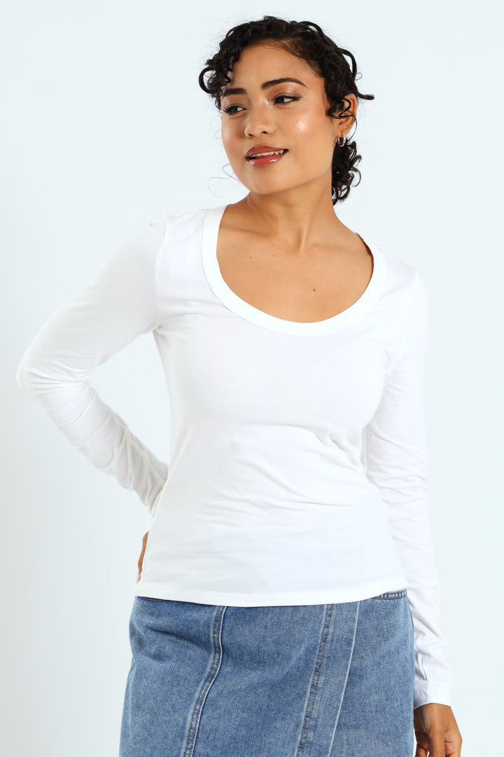 Long Sleeve Basic Scoop Neck Top - White