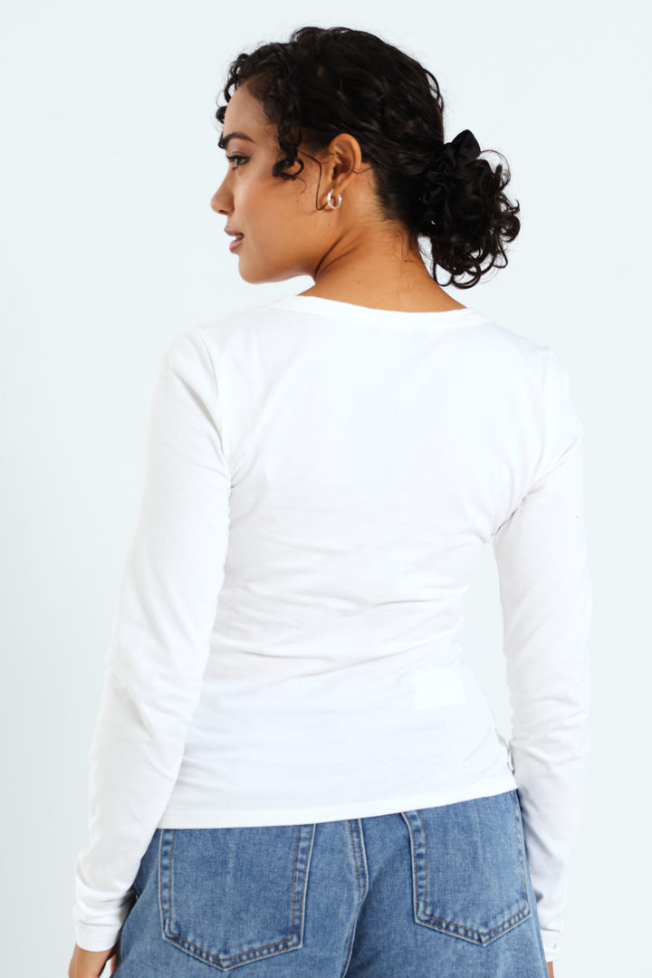 Long Sleeve Basic Scoop Neck Top - White