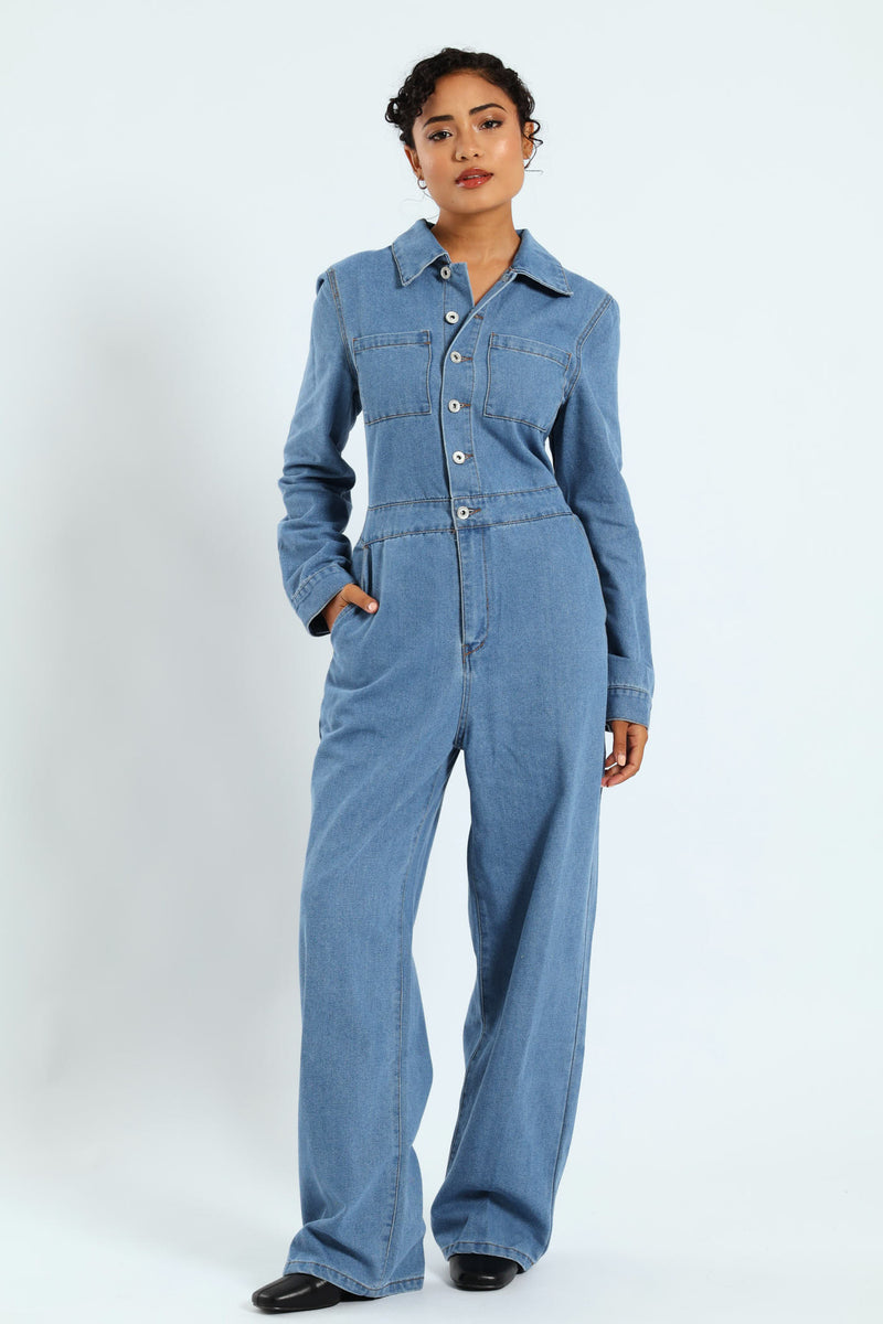 Long Sleeve Denim Boiler Suit - Mid Blue