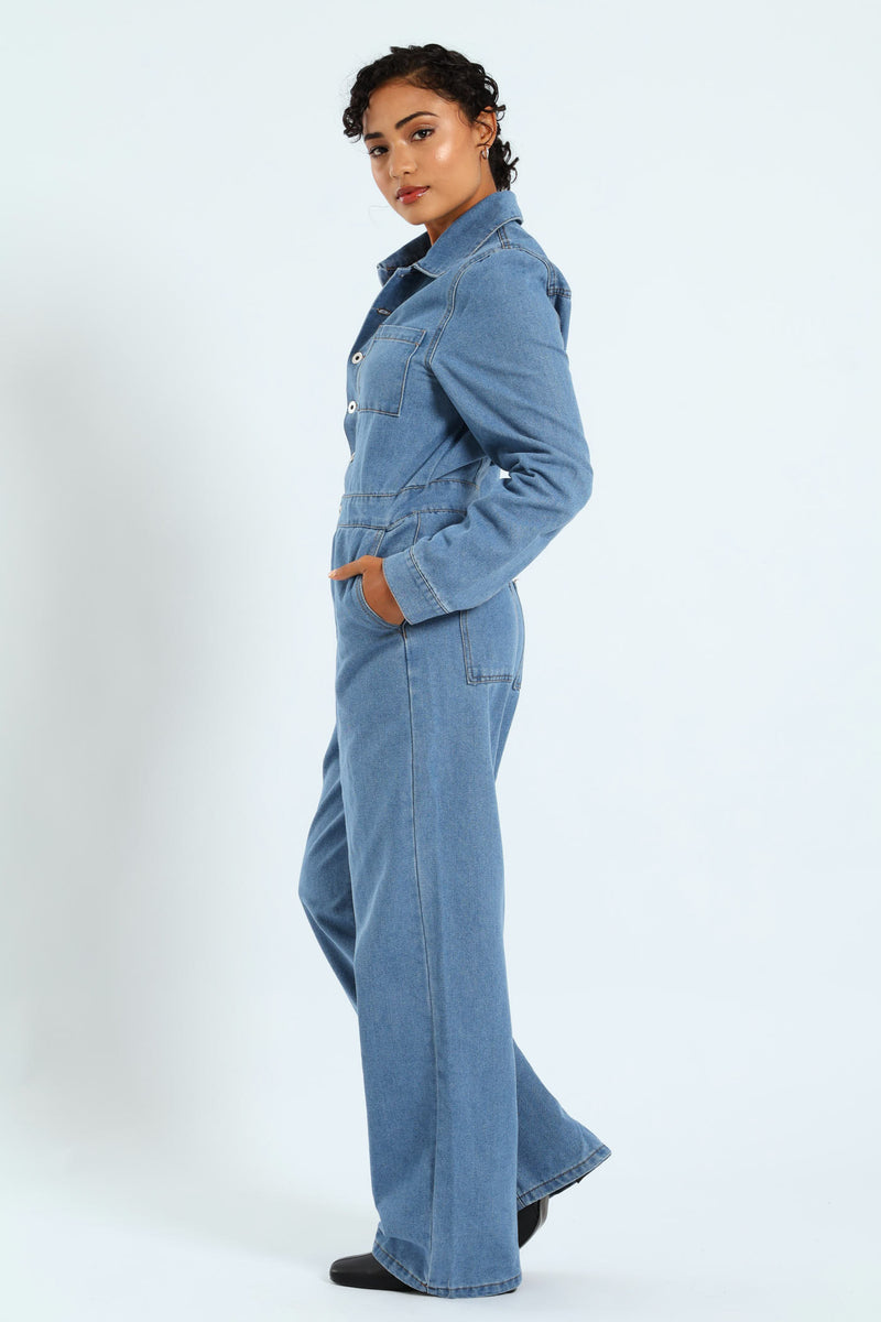 Long Sleeve Denim Boiler Suit - Mid Blue