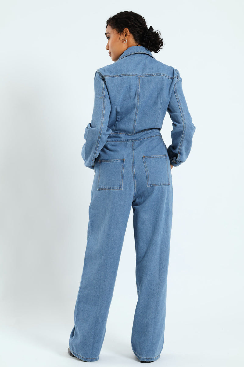 Long Sleeve Denim Boiler Suit - Mid Blue