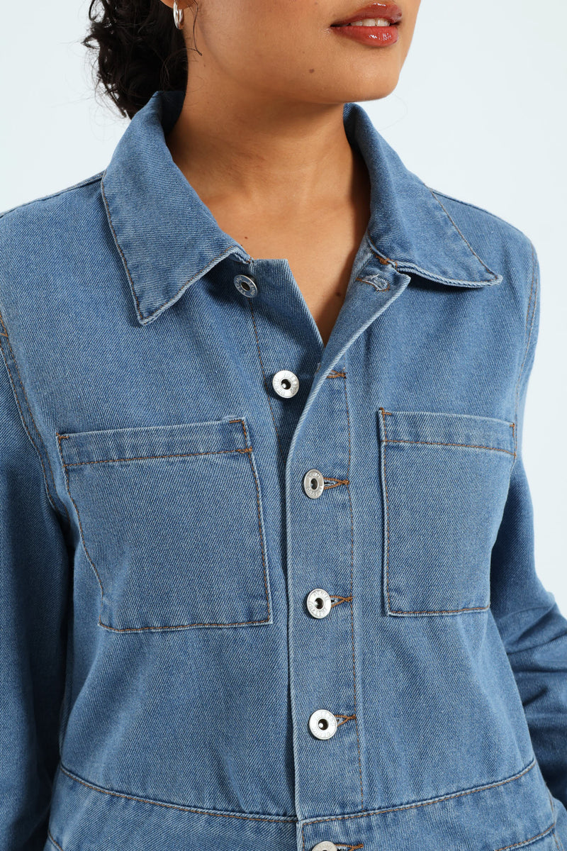 Long Sleeve Denim Boiler Suit - Mid Blue