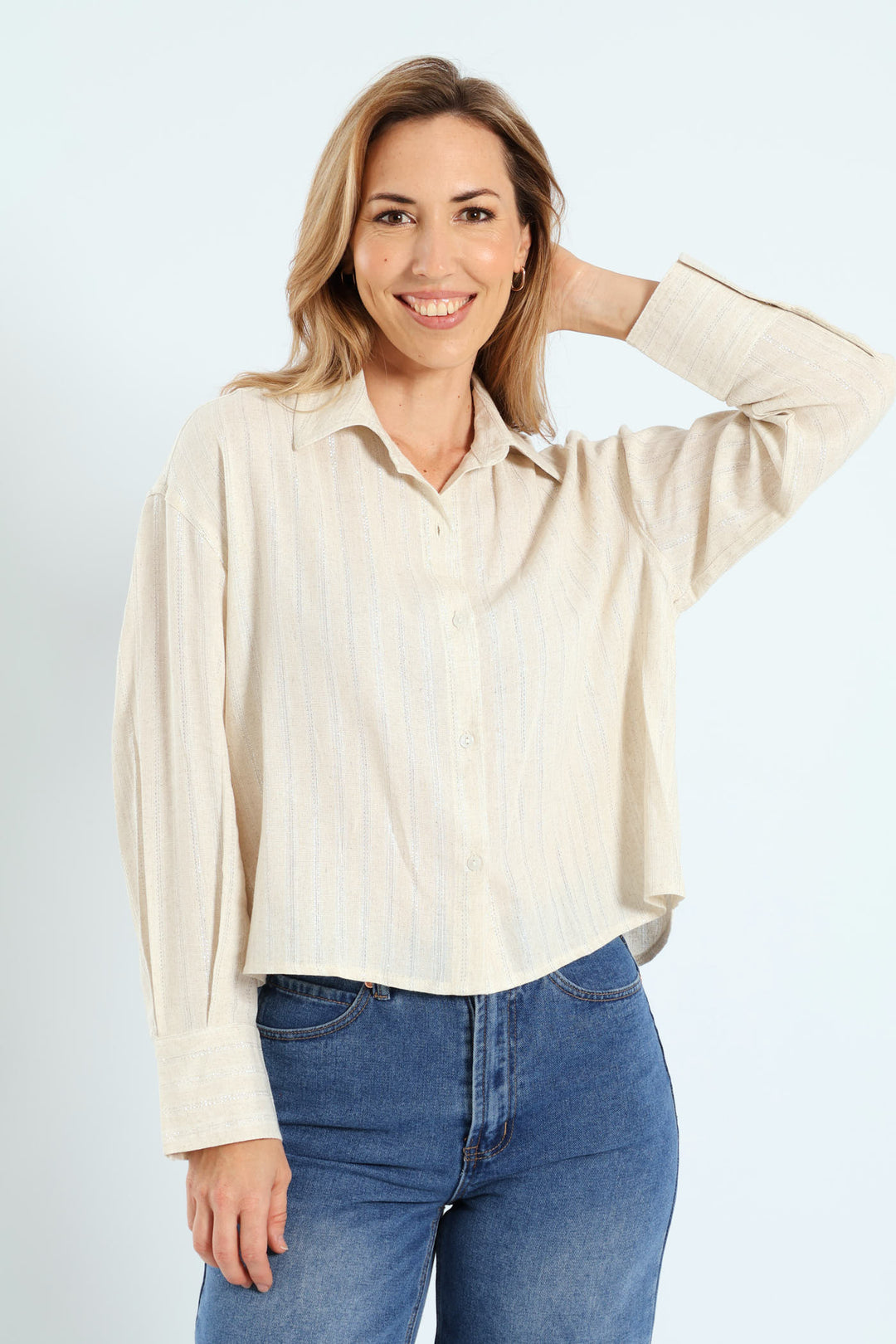 Lurex Stripe Boxy Linen Shirt - White/Beige