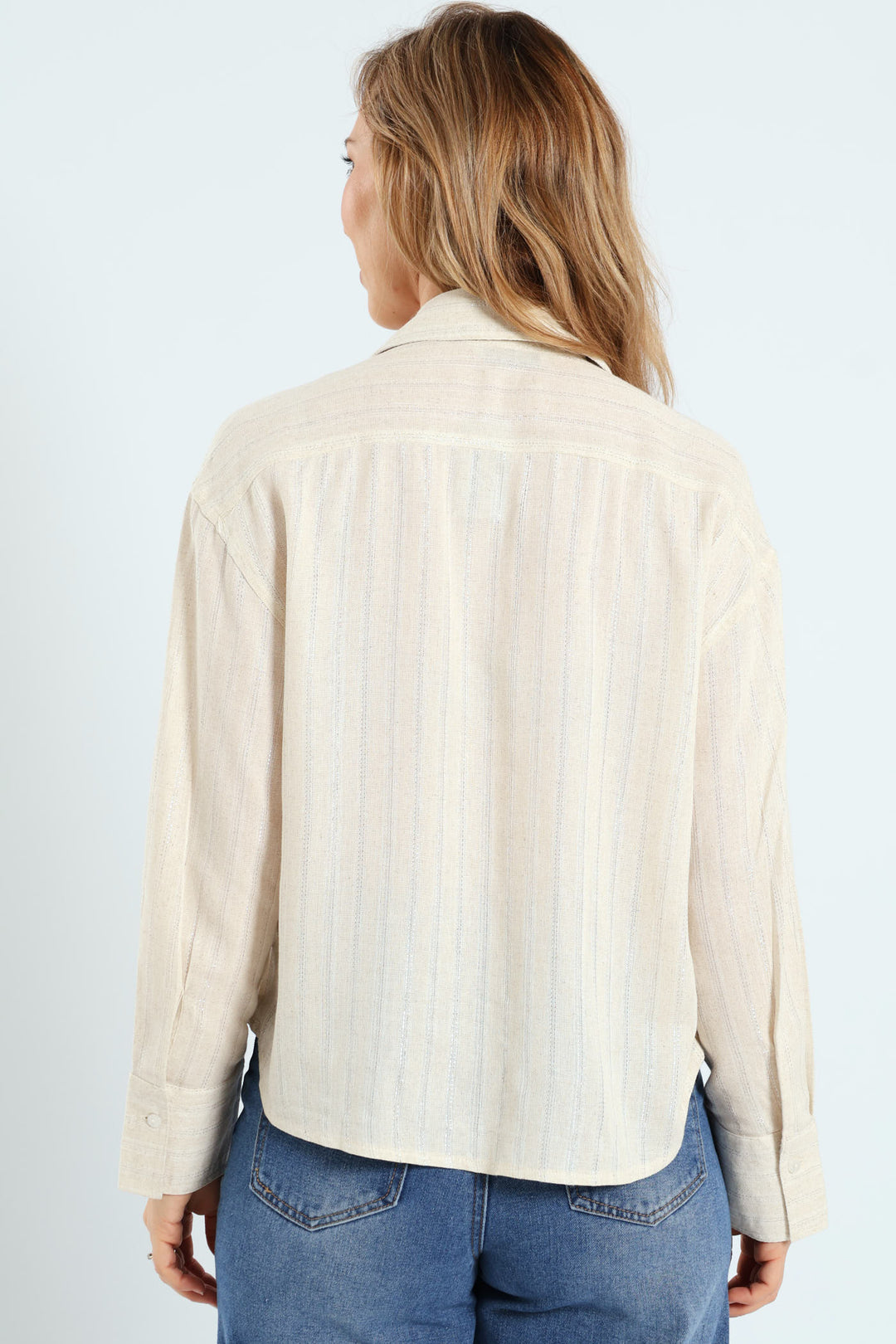 Lurex Stripe Boxy Linen Shirt - White/Beige